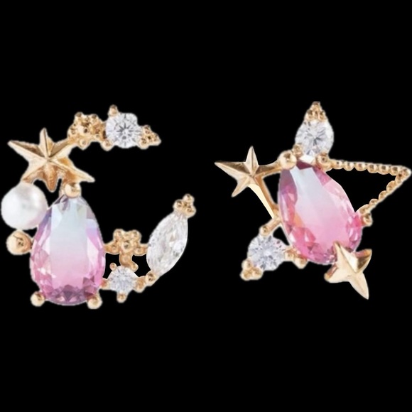 Girls Crew Celestial Star & Moon 18K Gold Pearl Pink CZ Mismatched Stud Earrings